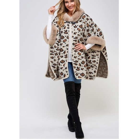 Animal Leopard Print Faux Fur Hooded Knit Poncho Cardigan Sweater Coat Jacket - Picture 5 of 7